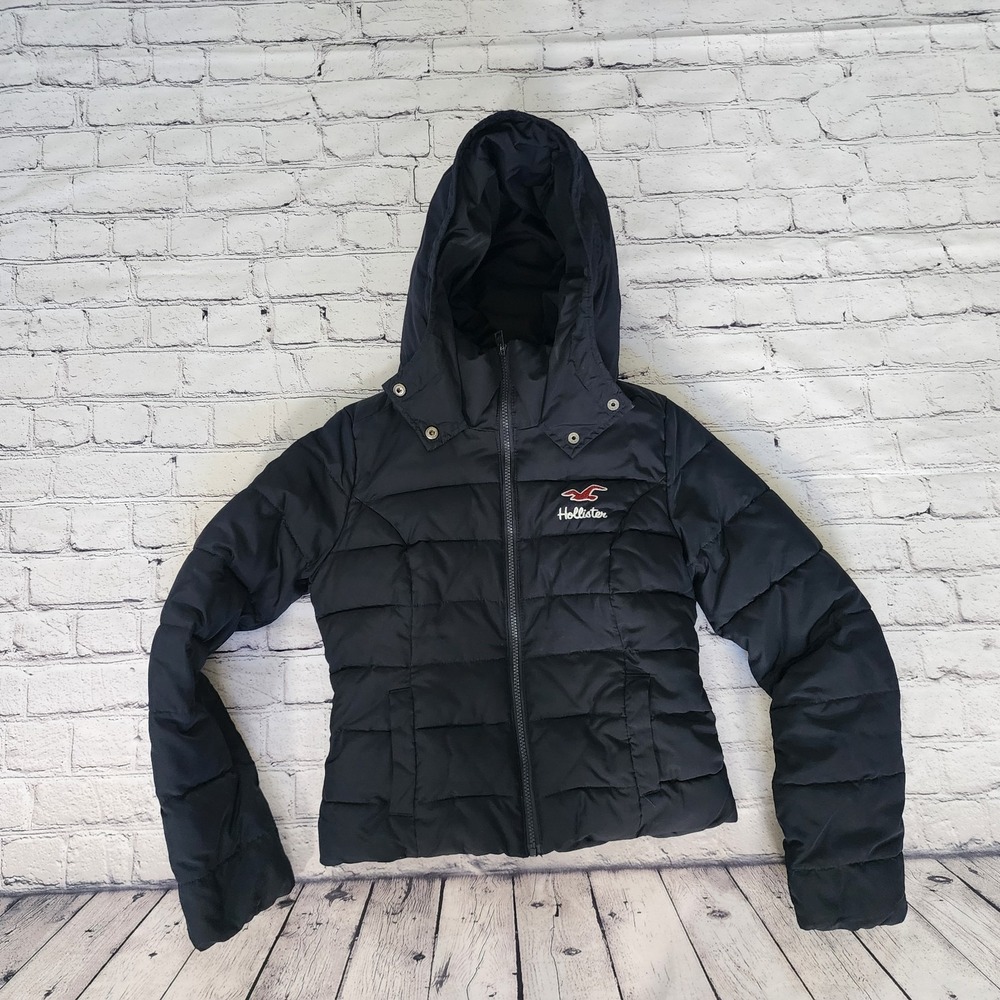 Hollister Hooded Navy Embroidered Sherpa Lined Puffer Coat Jacket Size XS